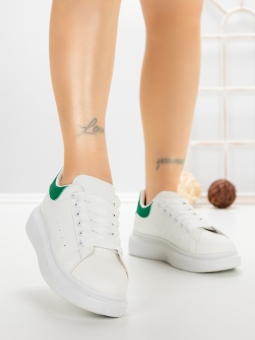 Pantofi sport dama albi cu verde din piele ecologica Elyvora