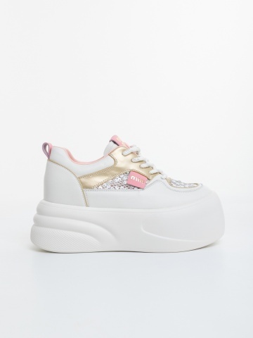 Pantofi sport dama cu platforma albi cu roz din piele ecologica Trinka - Img 4