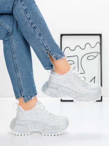 Pantofi sport dama cu platforma albi din material textil Crenara - Img 5