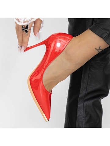 Pantofi stiletto rosii din piele ecologica lacuita Kenzura - Img 4