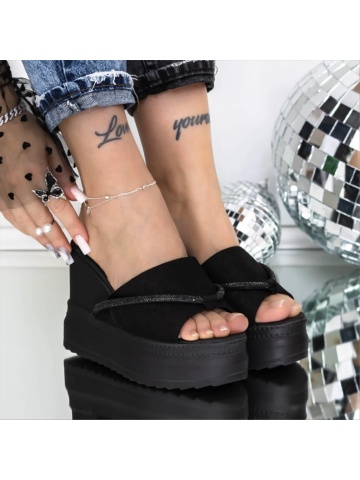 Papuci dama cu platforma negri din piele ecologica Macrina