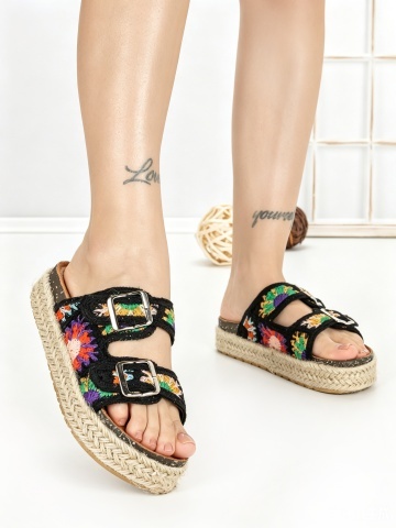 Papuci dama cu talpa joasa negri din material textil Rhea