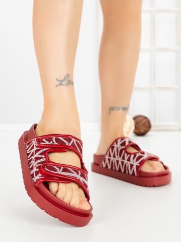 Papuci dama cu talpa joasa rosii din material textil si piele ecologica Zanelia