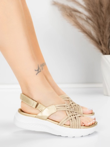 Sandale dama cu platforma aurii din material textil si piele ecologica Emamrys