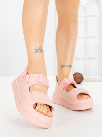 Sandale dama cu platforma roz din piele ecologica si material textil Aurisia