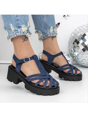 Sandale dama cu toc si platforma albastre inchis din material textil Laseleni