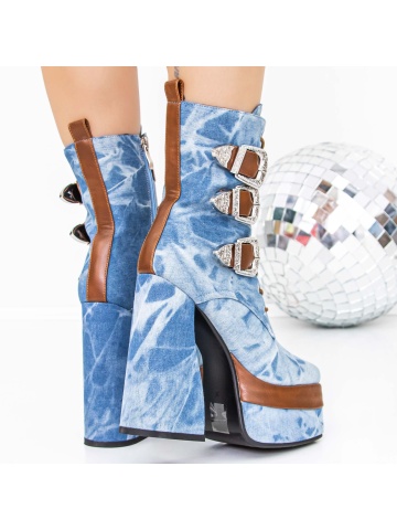 Botine dama cu toc gros si platforma albastre din material textil si piele ecologica Azbrae - Img 6