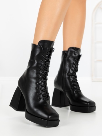 Botine dama cu toc gros si platforma negre din piele ecologica Citria