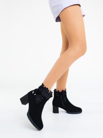 Botine dama cu toc negre din material textil Rajani