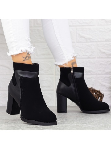 Botine dama cu toc negre din piele ecologica si material textil Ryliana