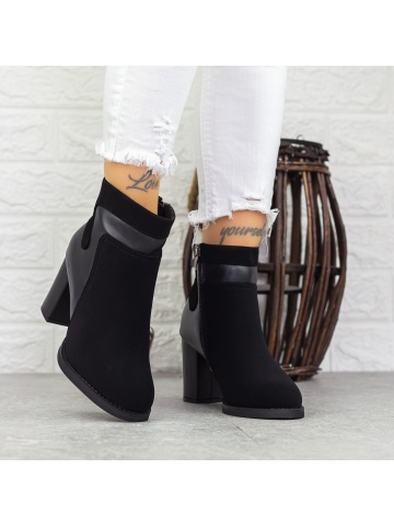 Botine dama cu toc negre din piele ecologica si material textil Ryliana - Img 3