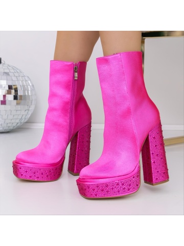 Botine dama cu toc roz din material textil Aditra