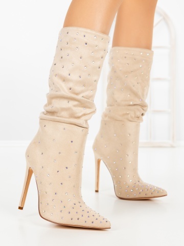 Botine dama cu toc subtire bej din material textil Eladira