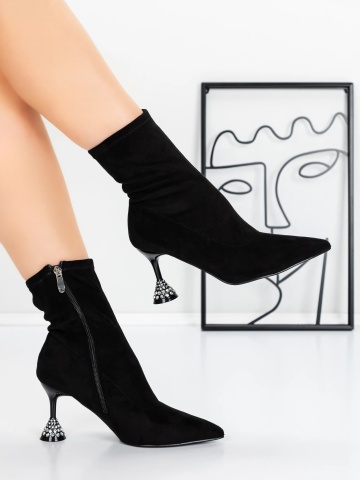 Botine dama cu toc subtire negre din material textil Axirya - Img 4