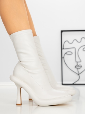 Botine dama cu toc subtire si platforma albe din piele ecologica Birren - Img 2