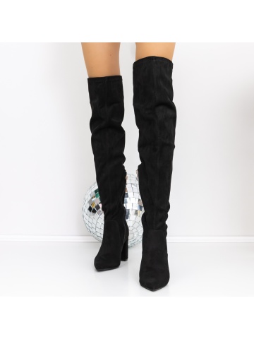 Cizme dama cu toc gros negre din material textil Amilsa - Img 2