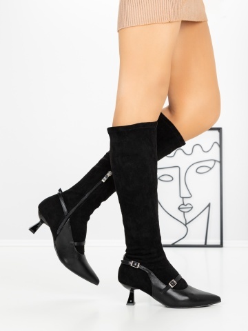 Cizme dama cu toc subtire negre din piele ecologica si material textil Raylin - Img 6