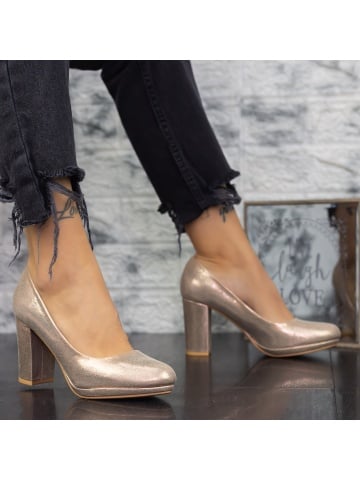 Pantofi cu toc gros sampanie din material textil Cetren