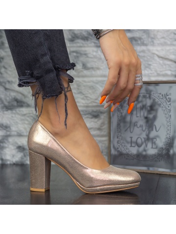 Pantofi cu toc gros sampanie din material textil Cetren - Img 3