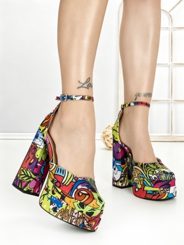 Pantofi cu toc gros si platforma rosii cu galben din material textil Ismeria