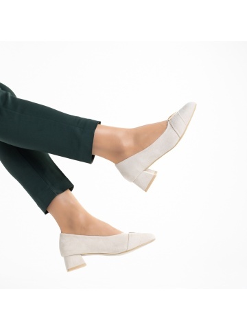 Pantofi dama bej deschis din material textil cu toc Briella - Img 5