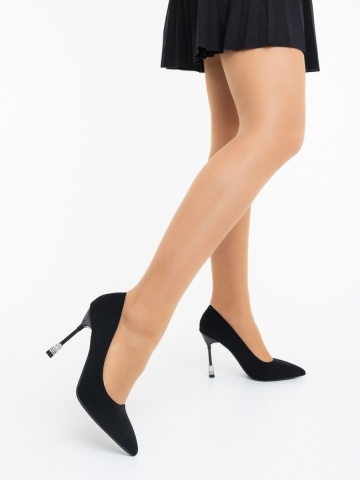 Pantofi dama cu toc negri din material textil Milaria