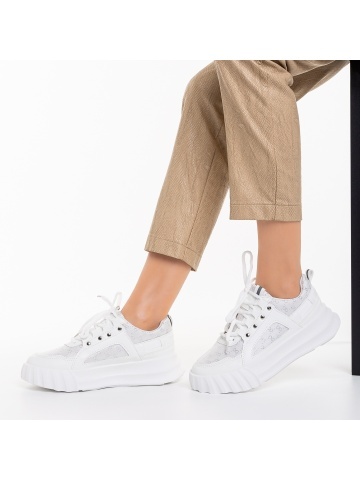 Pantofi sport dama albi din piele ecologica si material textil Meriz
