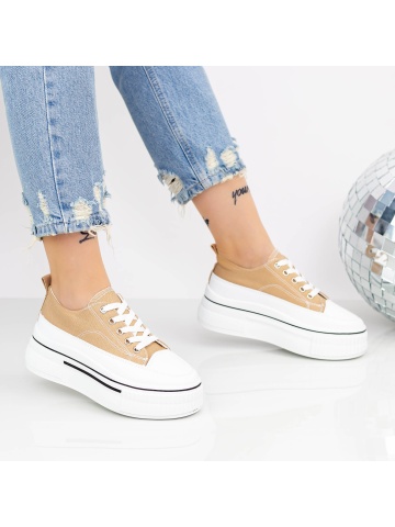 Pantofi sport dama bej din material textil si piele ecologica Ebsora