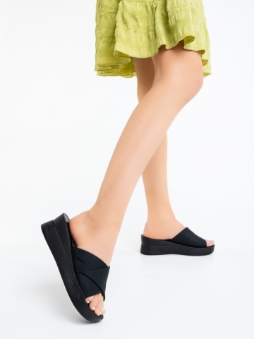 Papuci dama cu platforma negri din piele ecologica Jara