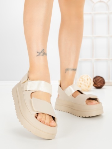 Sandale dama cu platforma bej din piele ecologica si material textil Aurisia