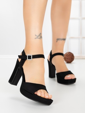 Sandale dama cu toc gros negre din material textil Ysenia