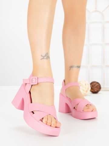 Sandale dama cu toc gros si platforma roz din piele ecologica Roselia