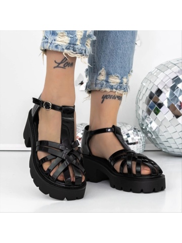 Sandale dama cu toc si platforma negre din piele ecologica lacuita Starla - Img 2