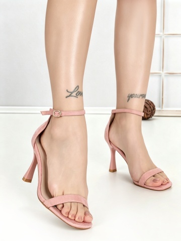 Sandale dama cu toc subtire roz din material textil Virelya