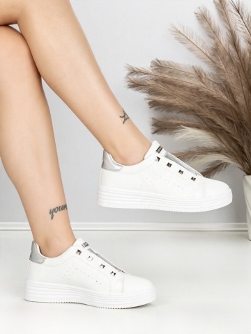 Sneakers dama albi cu argintiu din piele ecologica Danzinae - Img 4