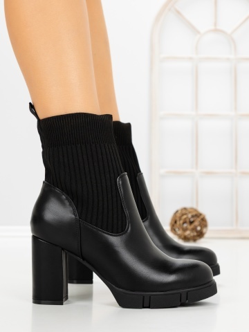 Botine dama cu toc gros negre din piele ecologica si material textil Fawora - Img 3