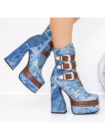 Botine dama cu toc gros si platforma albastre din material textil si piele ecologica Azbrae - Img 3