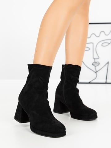 Botine dama cu toc gros si platforma negre din material textil Elawena