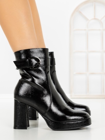 Botine dama cu toc gros si platforma negre din piele ecologica lacuita Dowira - Img 3