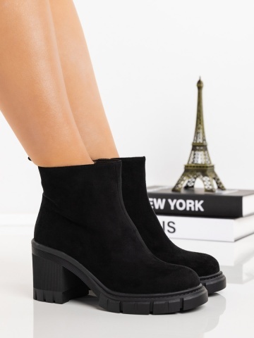 Botine dama cu toc negre din material textil Olana