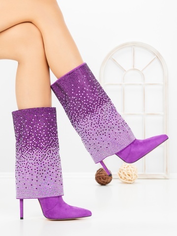 Botine dama cu toc subtire mov din material textil Enalrae - Img 4