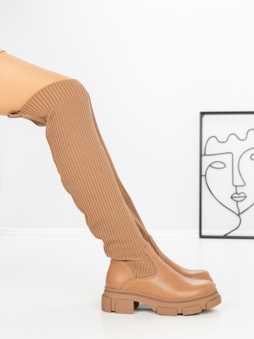 Cizme dama cu talpa joasa maro deschis din material textil si piele ecologica Awoura - Img 3