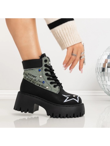 Ghete dama cu platforma negre din material textil si piele ecologica Aloira - Img 4