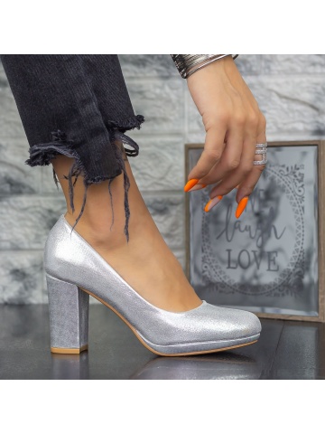 Pantofi cu toc gros argintii din material textil Cetren - Img 3