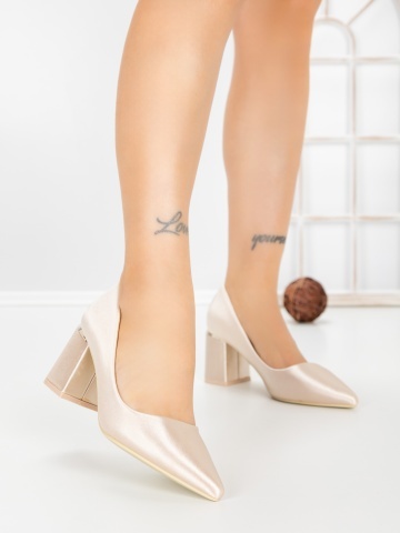Pantofi cu toc gros bej din material textil Silveta