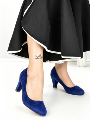 Pantofi cu toc gros bleumarin din material textil Marena - Img 6
