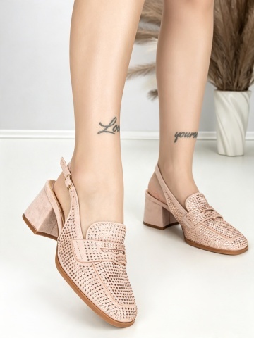 Pantofi cu toc gros roz din material textil Tanzaya