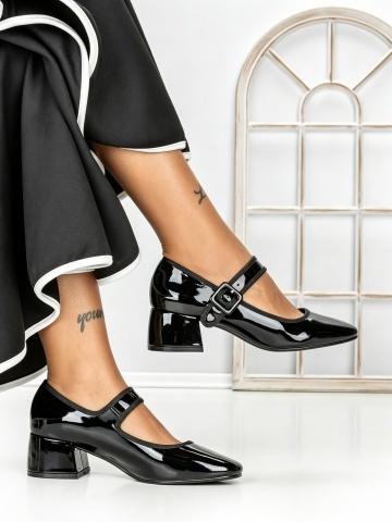 Pantofi cu toc mic negri din piele ecologica si material textil Flatora - Img 4