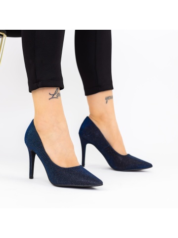 Pantofi cu toc subtire albastri din material textil si sclipici Fraelia