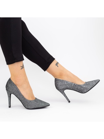 Pantofi cu toc subtire gri metalizat din material textil si sclipici Fraelia - Img 3